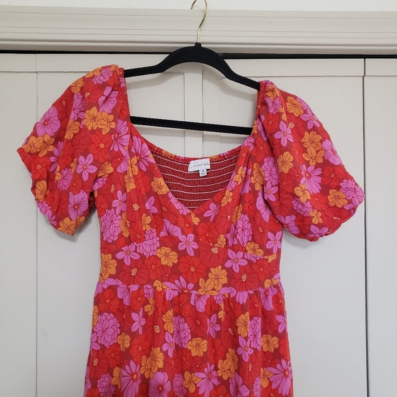 SOLD One Loved Babe Red Pink Floral Puff Sleeve Dress Medium - Picture 5 of 12